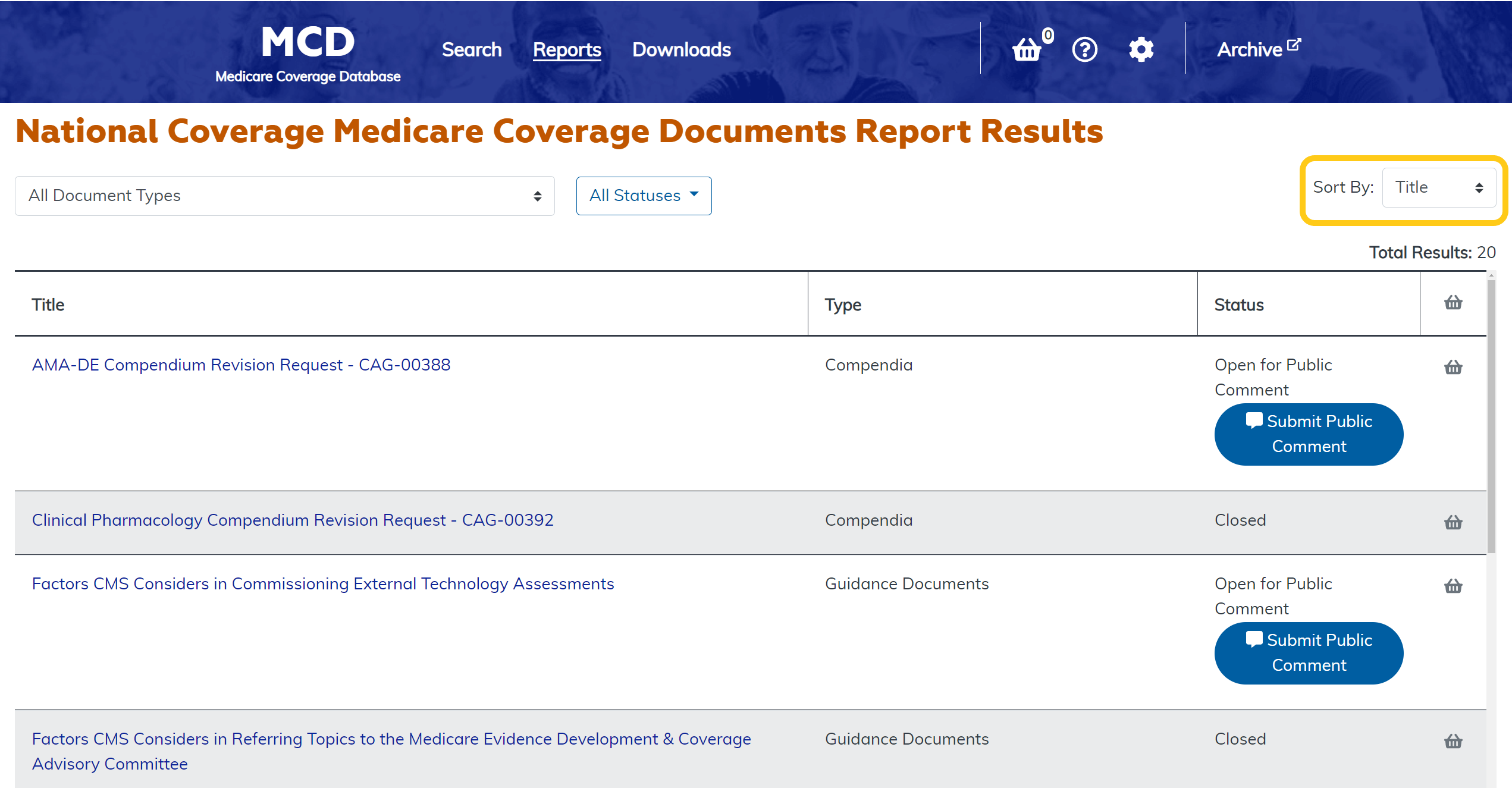 National Coverage Medicare Coverage Documents Report sort options highlighted