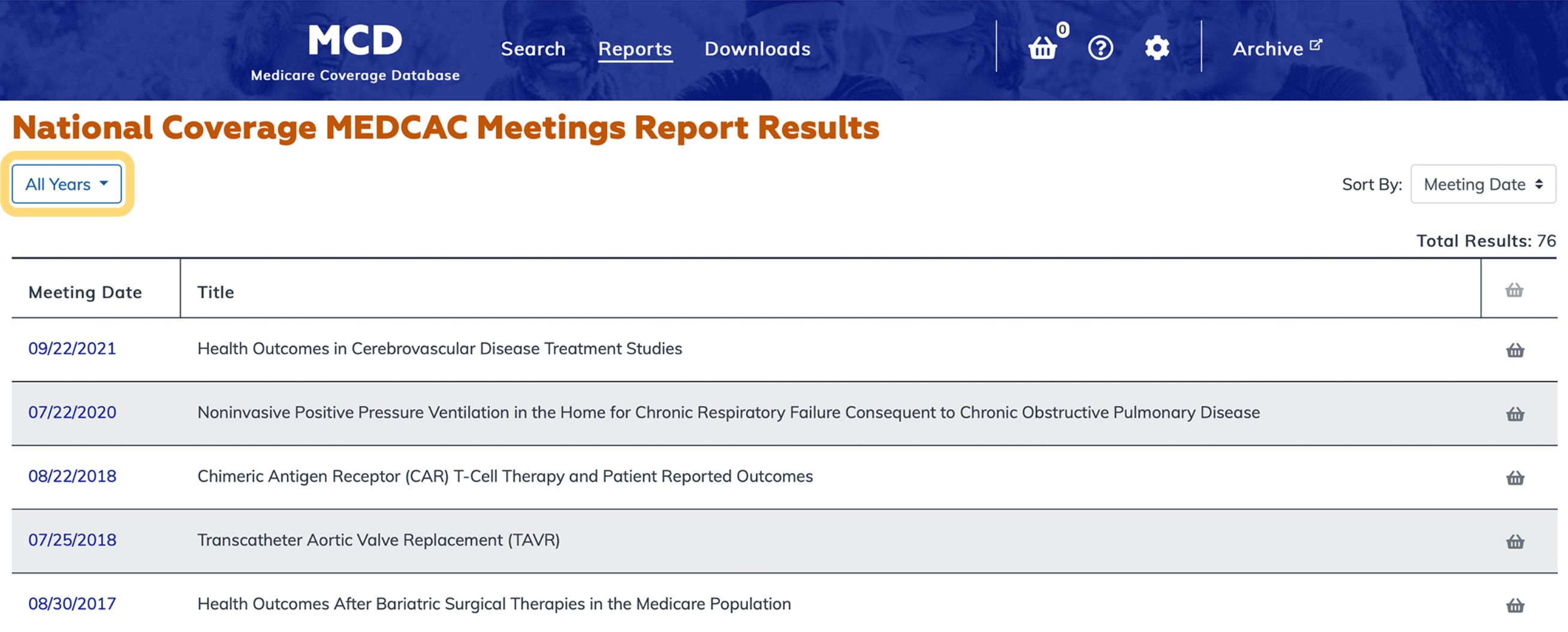 National Coverage MEDCAC Meetings Report filter bar highlighted
