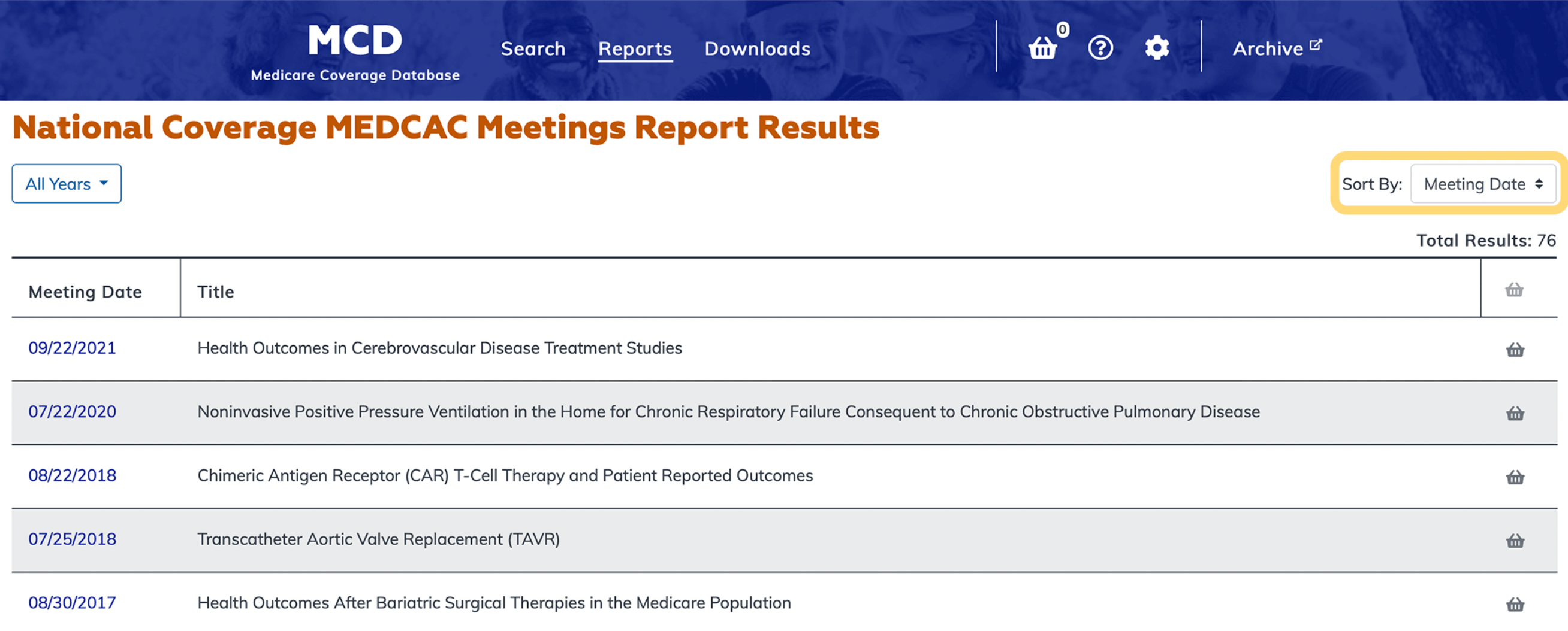 National Coverage MEDCAC Meetings Report sort option highlighted