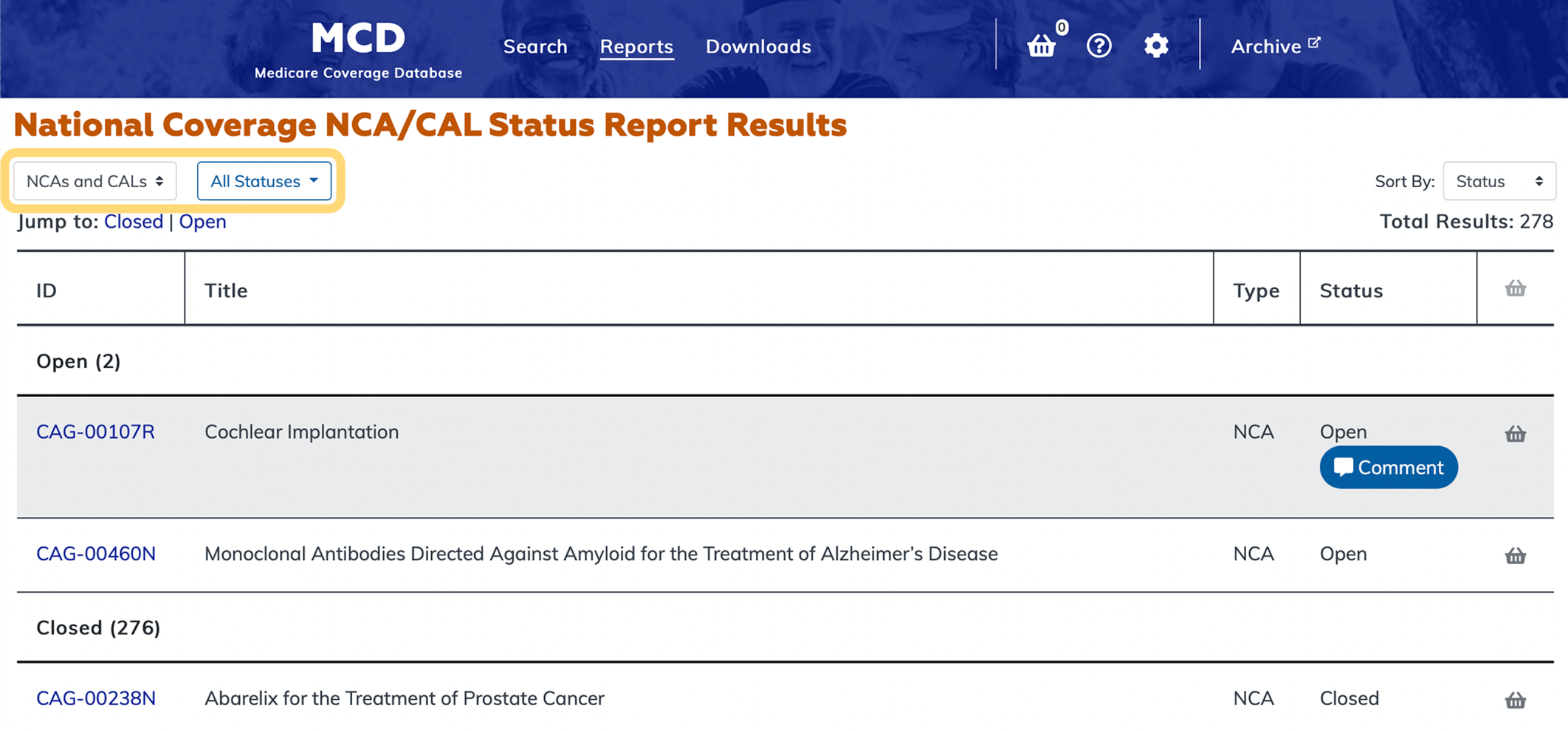 National Coverage NCA/CAL Status Report filter bar highlighted