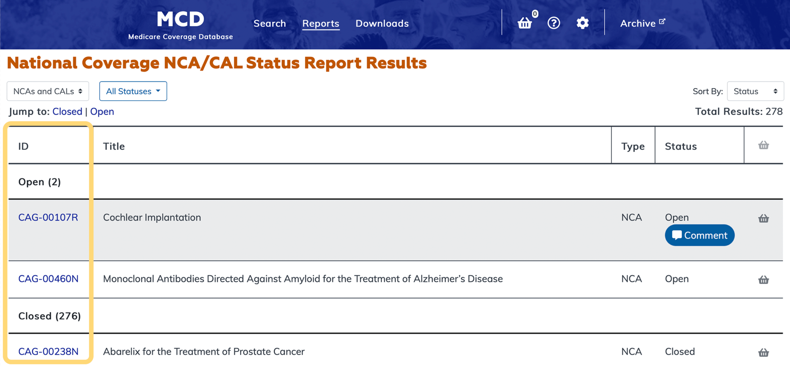 National Coverage NCA/CAL Status Report ID link column highlighted