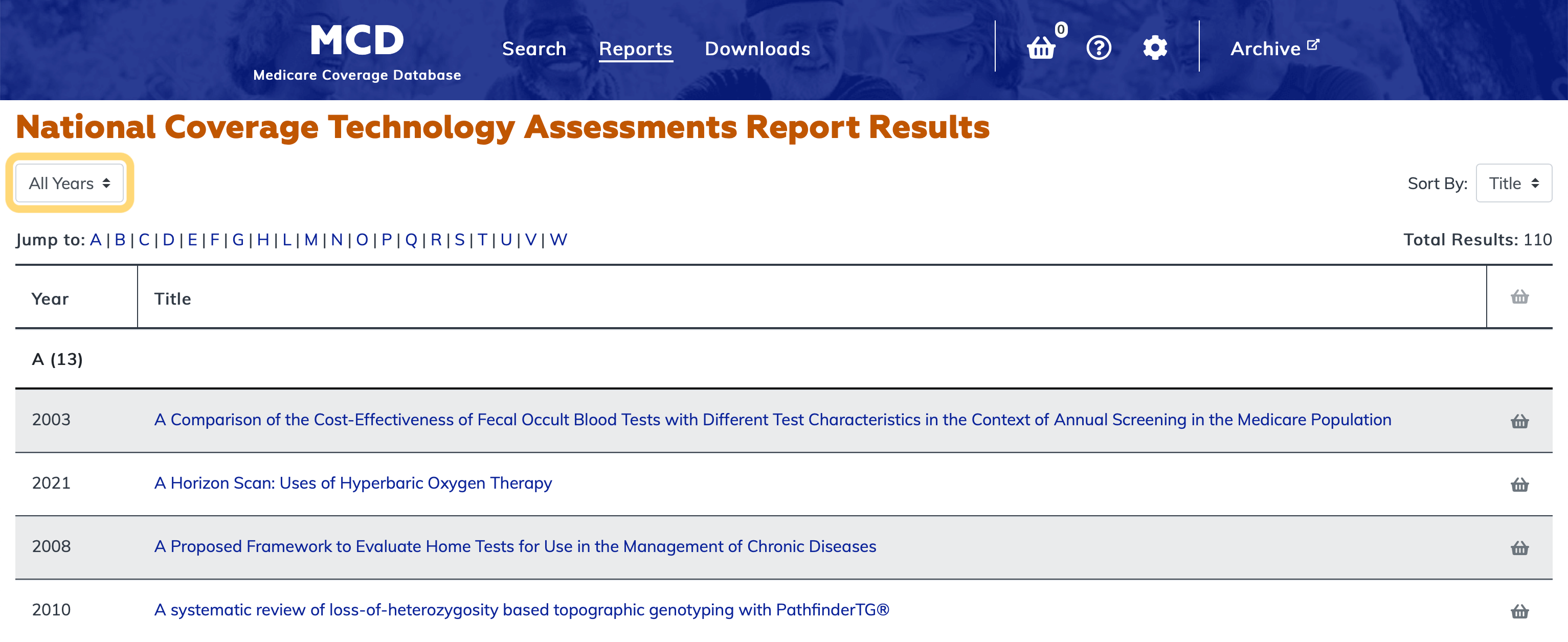 National Coverage Technology Assessments Report filter bar highlighted