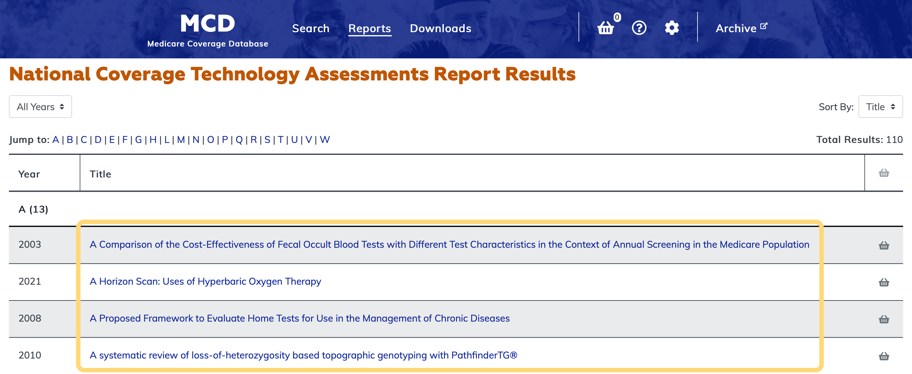 National Coverage Technology Assessments Report ID link column highlighted