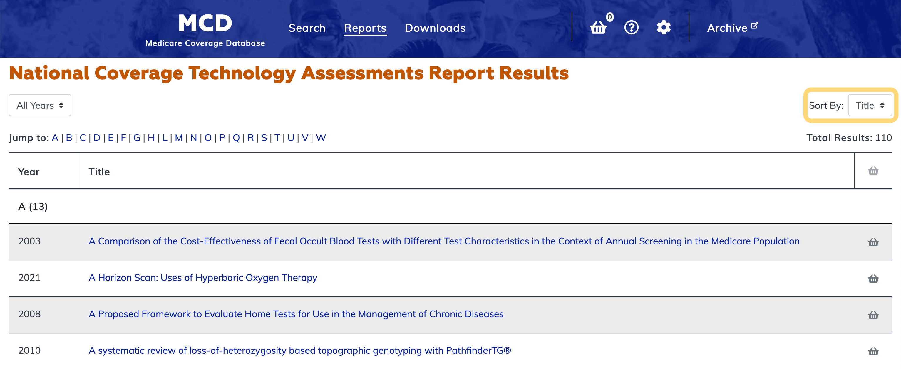 National Coverage Technology Assessments Report sort options highlighted