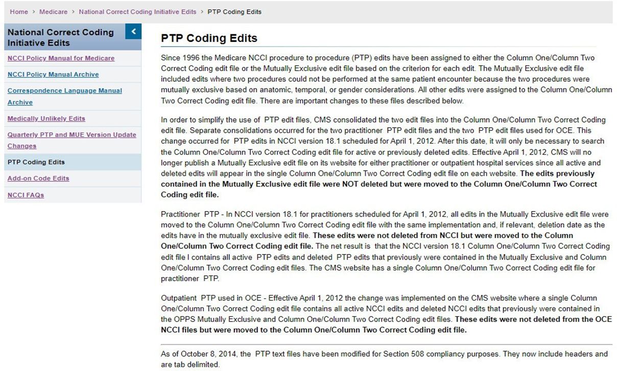 Results from Selecting PTP Coding Edits shows the screen after choosing PTP Coding Edits