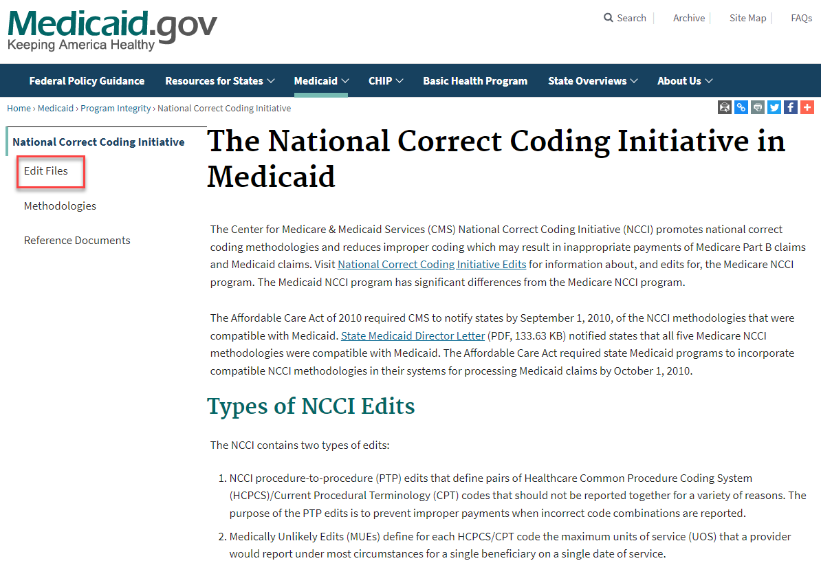 Screenshot of NCCI in Medicaid Webpage