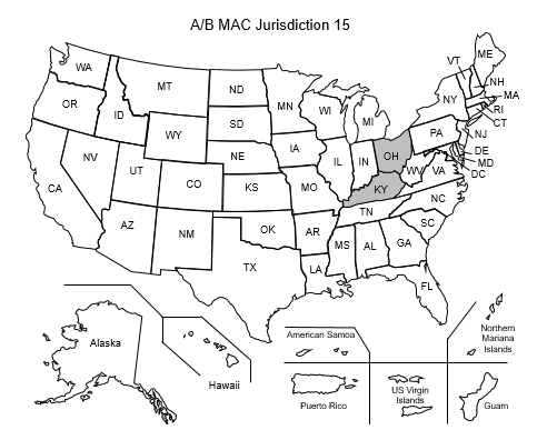 This image, the Jurisdiction 15 Part A/B Map, depicts a map of the United States with the J15 states of Ohio and Kentucky shaded gray.