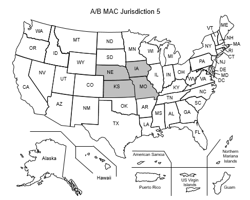 This image, the Jurisdiction 5 Part A/B Map, depicts a map of the United States with the J5 states Iowa, Kansas, Missouri, and Nebraska shaded gray.