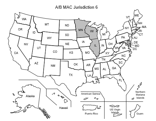 This image, the Jurisdiction 6 Part A/B Map, depicts a map of the United States with the J6 states of  Minnesota, Wisconsin, and Illinois shaded gray.