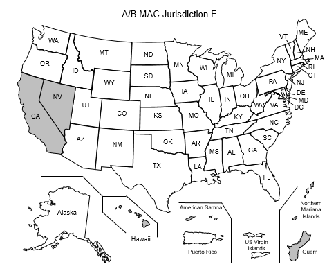 This image, the Jurisdiction E Part A/B Map, depicts a map of the United States with the JE states and territories of American Samoa, California, Guam, Hawaii, Nevada, and Northern Mariana Islands shaded gray.