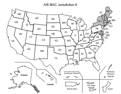 This image, the Jurisdiction K Part A/B Map, depicts a map of the United States with the JK states of Connecticut, Maine, Massachusetts, New Hampshire, New York, Rhode Island, and Vermont shaded gray.
