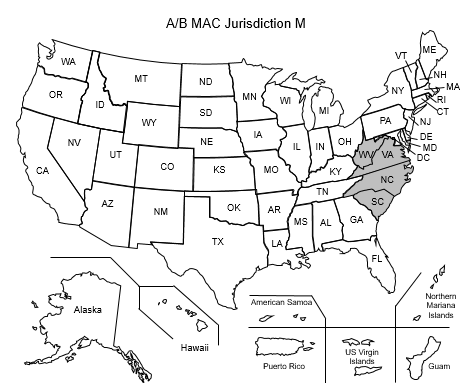 This image, the Jurisdiction M Part A/B Map, depicts a map of the United States with the JM states of North Carolina, South Carolina, Virginia, and West Virginia shaded gray.