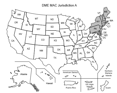 This image, the Jurisdiction A DME Map, depicts a map of the United States with the DME A states of Connecticut, Delaware, Maine, Maryland, Massachusetts, New Hampshire, New Jersey, New York, Pennsylvania, Rhode Island, Vermont, and the District of Columbia shaded gray.