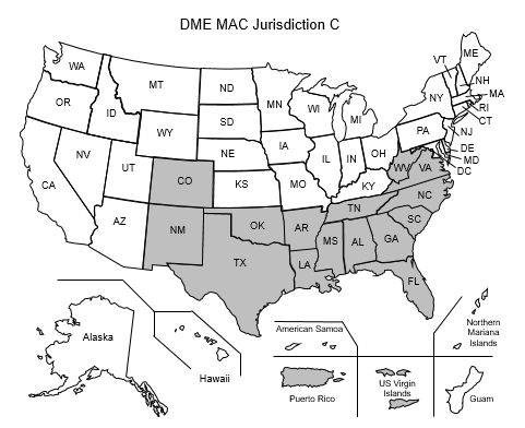 This image, the Jurisdiction C DME Map, depicts a map of the United States with the DME C states and territories of Alabama, Arkansas, Colorado, Florida, Georgia, Louisiana, Mississippi, New Mexico, North Carolina, Oklahoma, Puerto Rico, South Carolina, Tennessee, Texas, U.S. Virgin Islands, Virginia and West Virginia shaded gray.