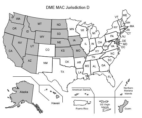 This image, the Jurisdiction D DME Map, depicts a map of the United States with the DME D states and territories of Alaska, American Samoa, Arizona, California, Guam, Hawaii, Idaho, Iowa, Kansas, Missouri, Montana, Nebraska, Nevada, North Dakota, Northern Mariana Islands, Oregon, South Dakota, Utah, Washington and Wyoming shaded gray.