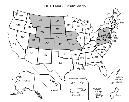 This image, the Jurisdiction 15 Home Health and Hospice Map, depicts a map of the United States with the J15 HH&H states of Colorado, Delaware, District of Columbia, Iowa, Kansas, Maryland, Missouri, Montana, Nebraska, North Dakota, Pennsylvania, South Dakota, Utah, Virginia, West Virginia and Wyoming shaded gray.