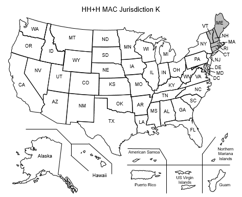 This image, the Jurisdiction K Home Health and Hospice Map, depicts a map of the United States with the JK HH&H states of Connecticut, Maine, Massachusetts, New Hampshire, Rhode Island and Vermont shaded gray.