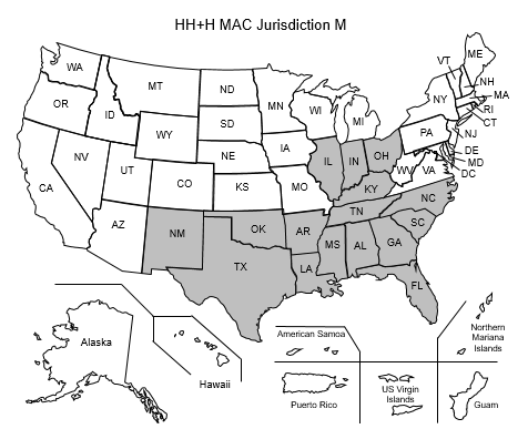 This image, the Jurisdiction M Home Health and Hospice Map, depicts a map of the United States with the JM HH&H states of Alabama, Arkansas, Florida, Georgia, Illinois, Indiana, Kentucky, Louisiana, Mississippi, New Mexico, North Carolina, Ohio, Oklahoma, South Carolina, Tennessee and Texas shaded gray.