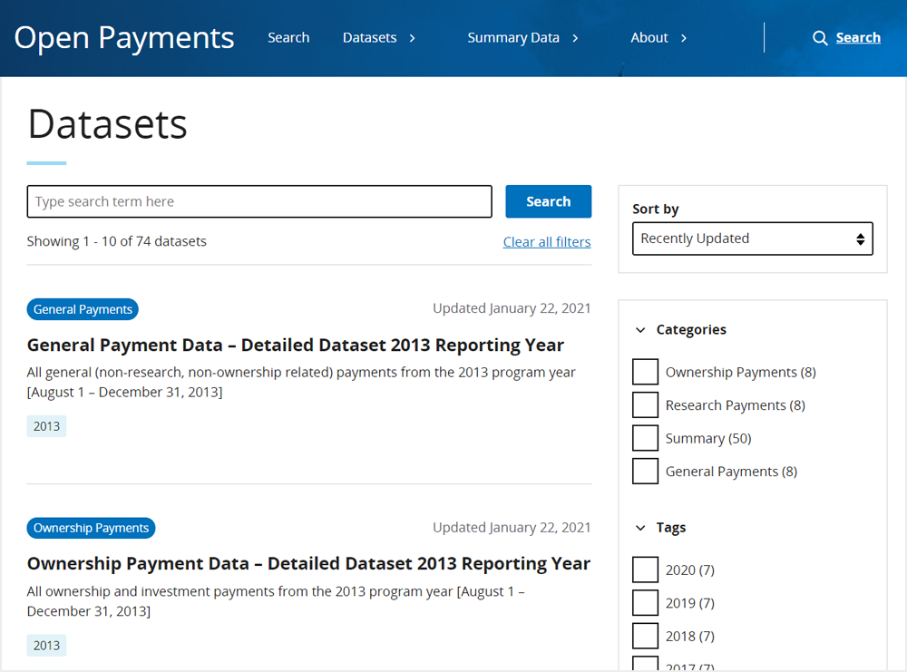 Screenshot Showing the Search Open Payments Data Explorer Interface