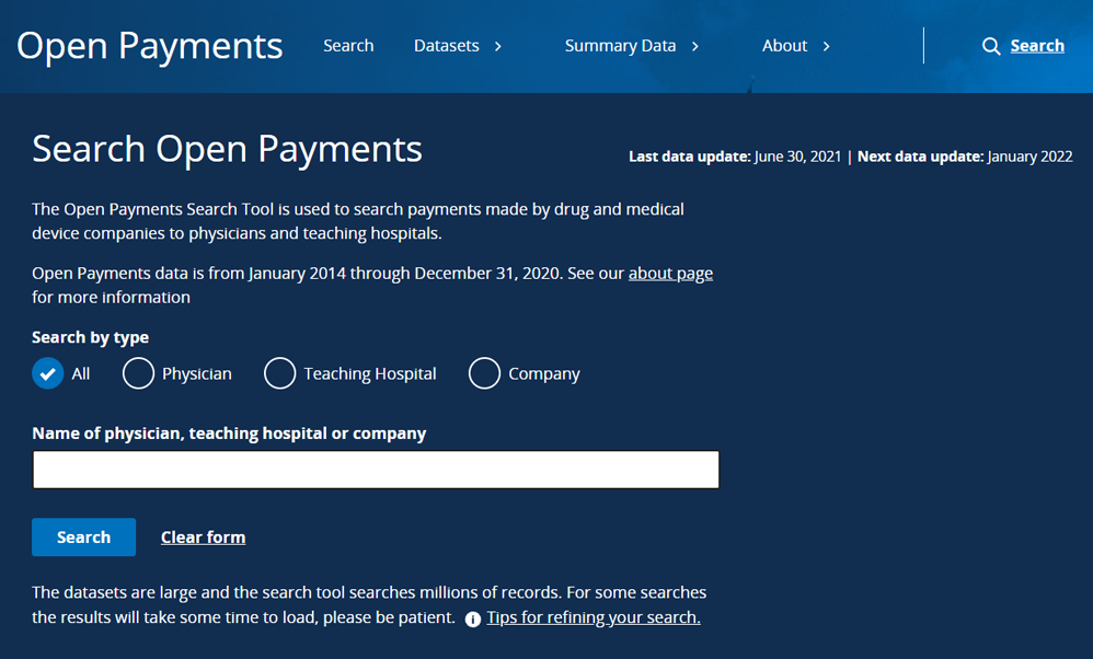 Screenshot Showing the Search Open Payments Data Interface