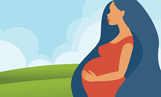 graphic representation of a pregnant dark skinned woman on a grassy hillside