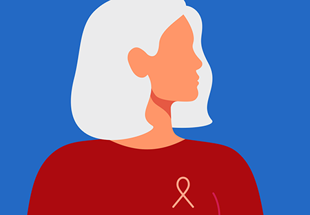 A graphical representation of a woman with white hair wearing a cancer ribbon