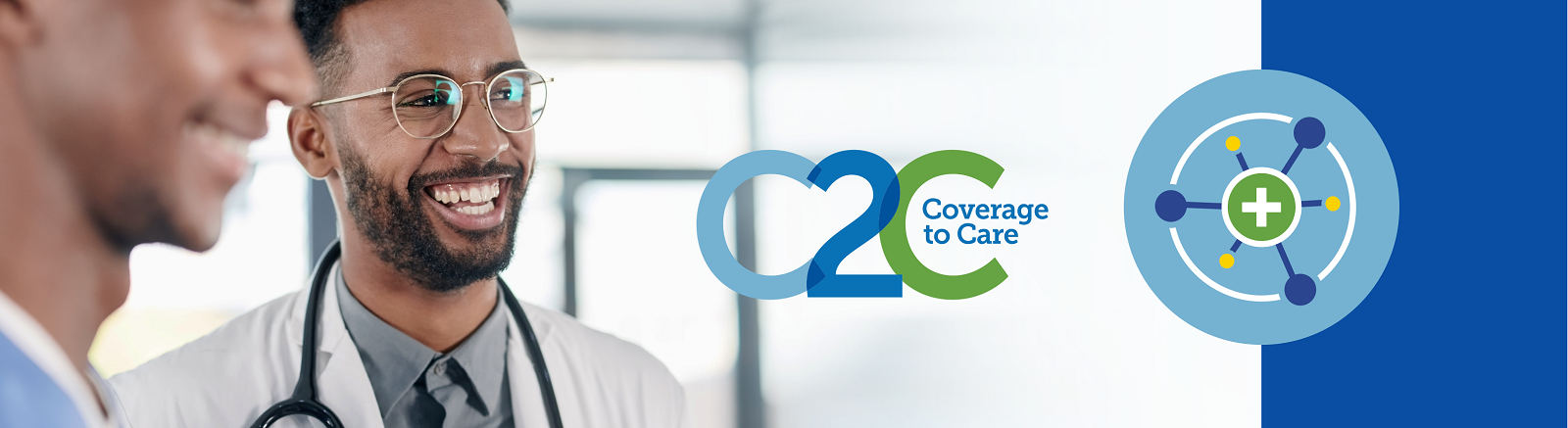 Male doctor smiling next to the C2C logo