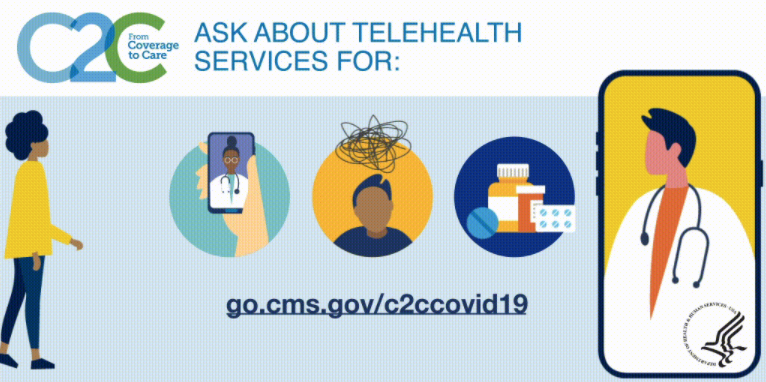 graphic with doctor displayed on phone directing user to go.cms.gov/c2ccovid19