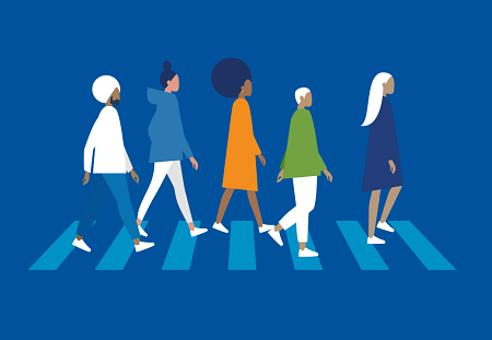 Illustration of five people walking in a line