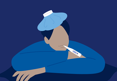 Graphic depiction of a sick person with ice bag on head and thermometer in mouth