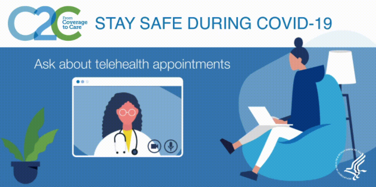 graphic encouraging user to ask about telehealth appointments