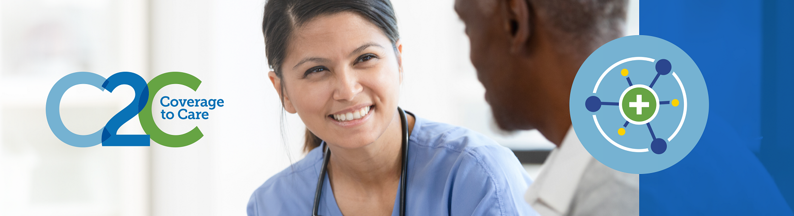 Nurse with stethoscope draped around her neck smiling at a patient