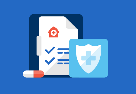 graphic of medical records, medicine and a blue shield