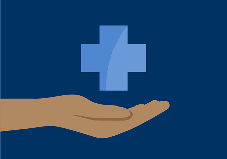 Graphic of a hand with a blue medical cross floating above it