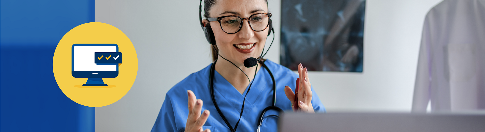 Graphic of computer with checkmarks in it next to a smiling nurse wearing a headset with a computer in the foreground, indicating she is on a video call