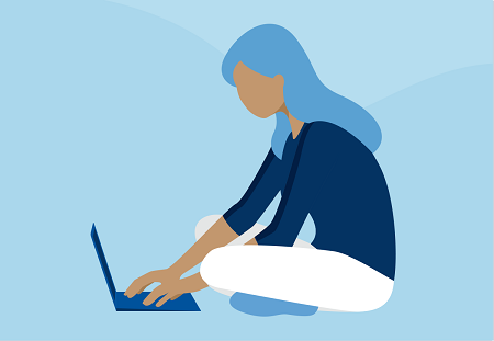 Graphic of the side view of a woman sitting on the floor on her laptop