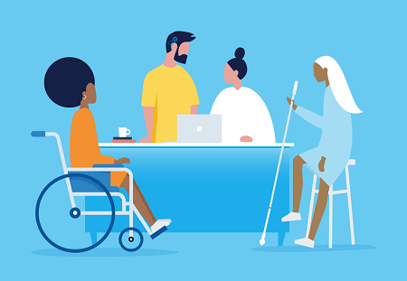 Graphic of a person in a wheelchair and a blind person in front of a table with two people on the other side standing in front of a laptop