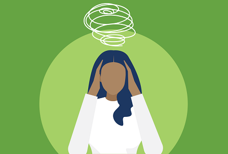 Graphic of a person with both hands on their temples and a swirly illustration above their head indicating a headache