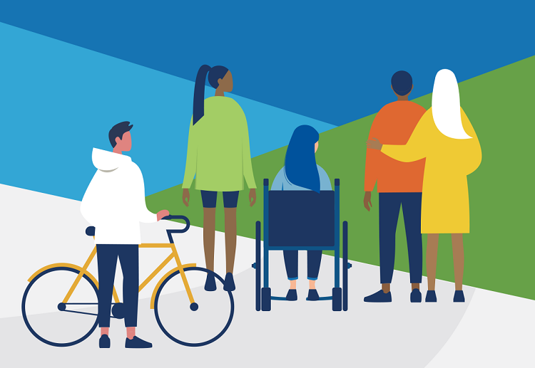 graphic of a group of people facing away, one is standing next to their bicycle and another is in a wheelchair
