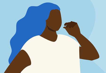 Graphic of a black woman with blue hair holding her hand close to her mouth