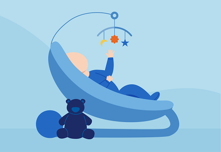 Graphic of the side view of a baby in a rocking cradle with a teddy bear next to it and a mobile hanging from above