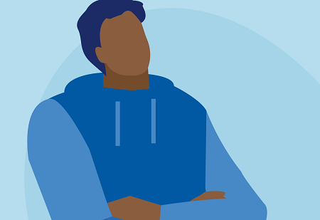 Graphic of a black man with a blue hoodie with his arms crossed