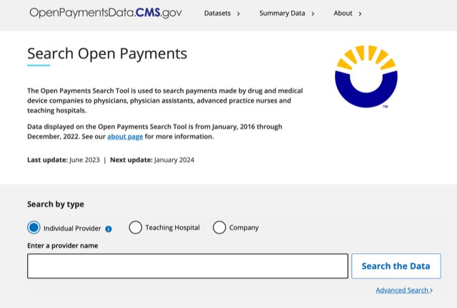 Image of Open Payments Data Site Search Tool