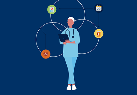 A medical person holding a chart with 3 orbiting globes behind her