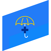 Blue icon of an umbrella with the medical cross in the middle of it