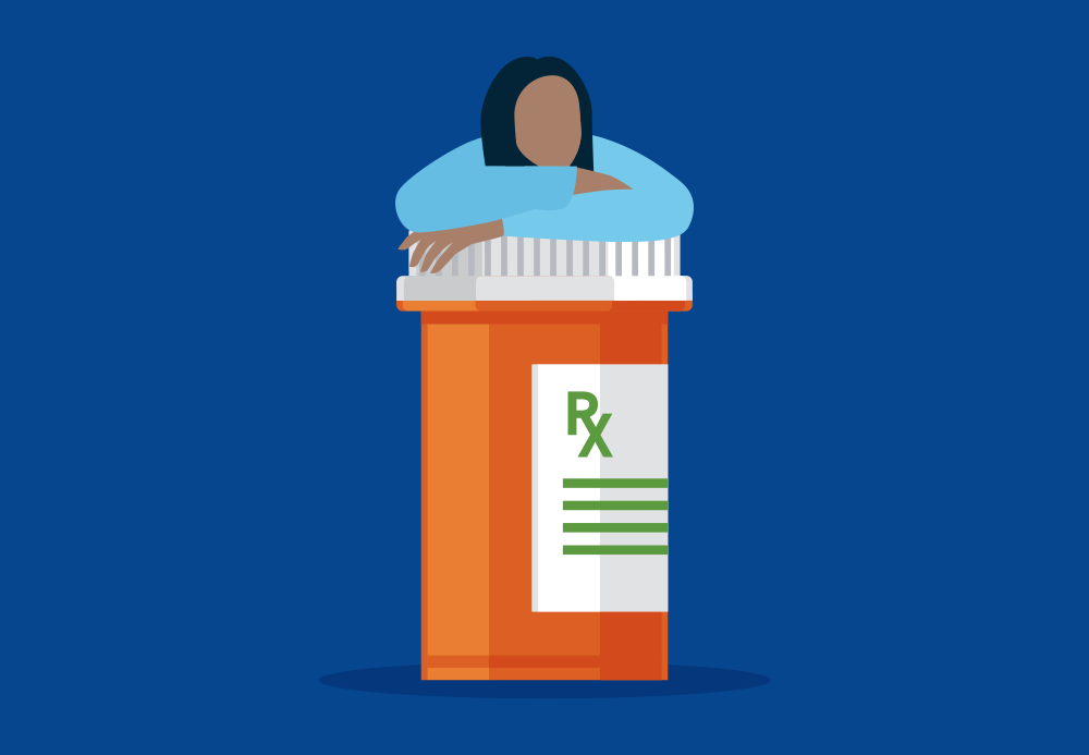 Illustration of a giant pill bottle with a person behind it, resting on it