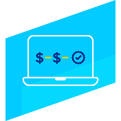 blue icon with an open laptop and on the screen are two dollar signs and a checkmark