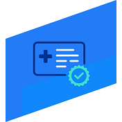 blue icon of a sample insurance card with a checkmark icon at the bottom of it