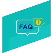blue icon of a speech bubble with FAQ in the middle and an information icon in the top left