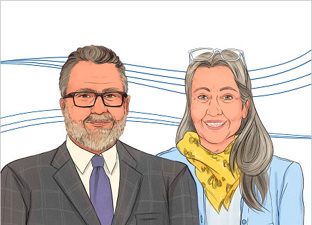 Illustration of Kay Miller Temple and David Schmitz from UND 